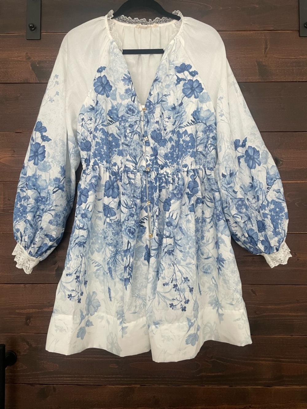 Anthropologie White Mini Dress with Blue Floral Print